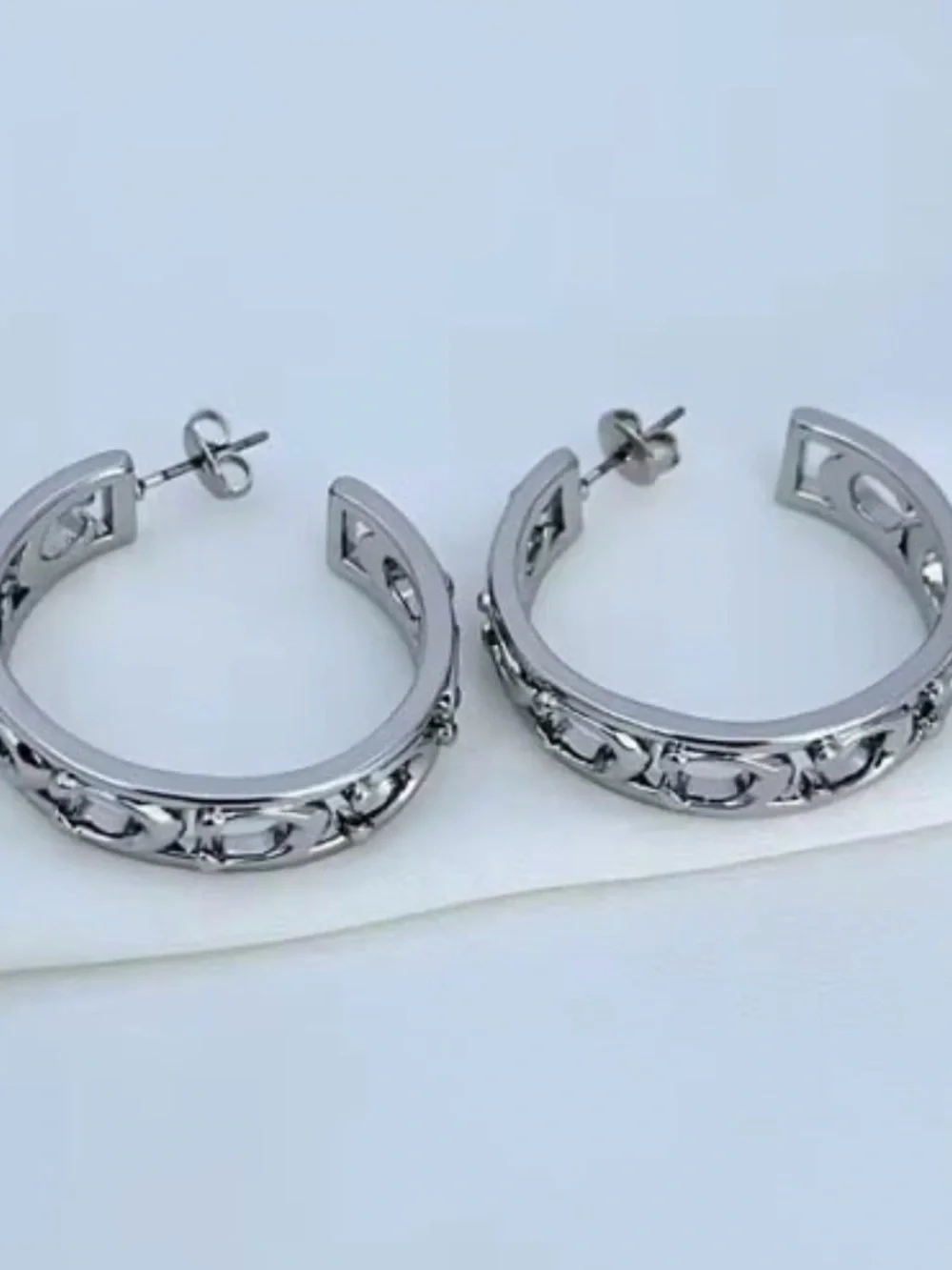 Coach Silver-Tone Signature Cutout Hoop Earrings - Picture 6 of 8